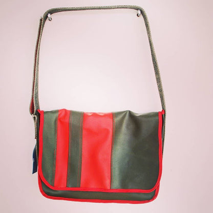 M-0051 Messenger Bag from Olive green and red faux suede