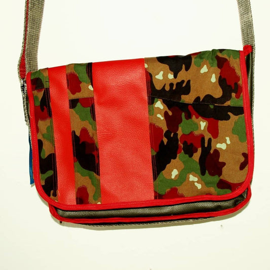 M-0050 Messenger Bag in Swiss "Alpenflage" and red faux suede