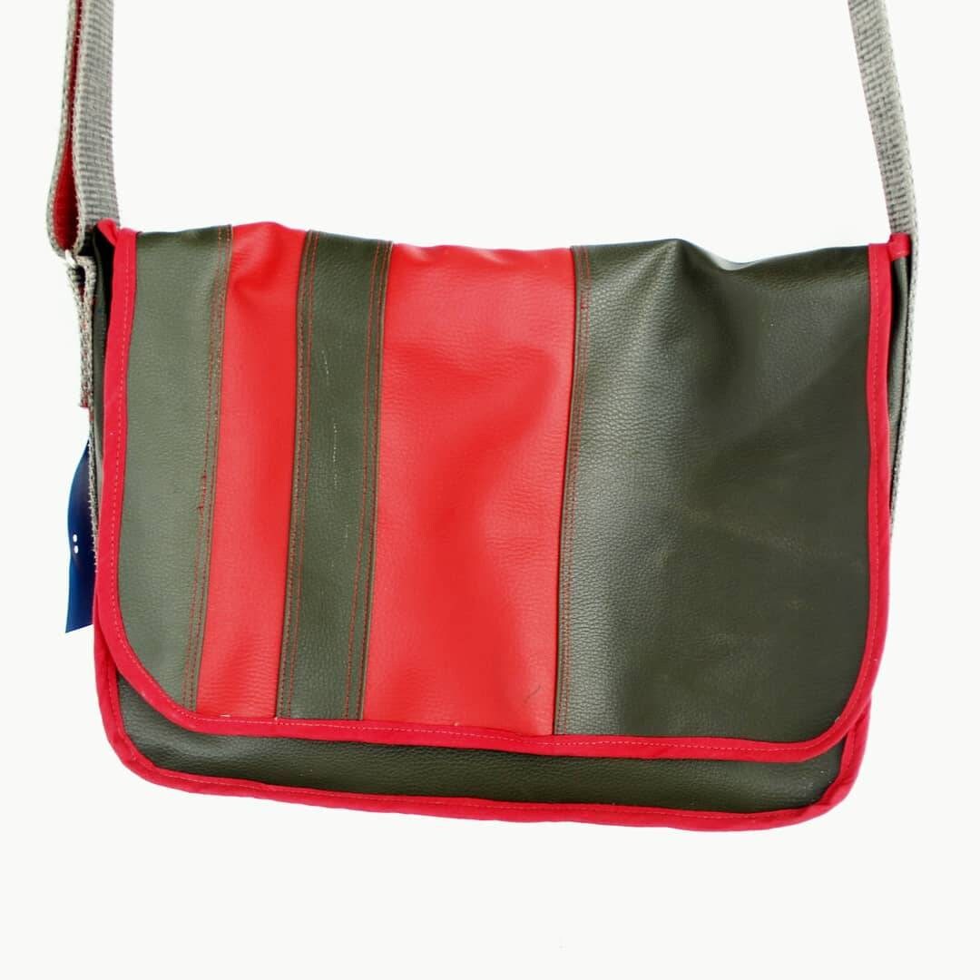 M-0051 Messenger Bag from Olive green and red faux suede